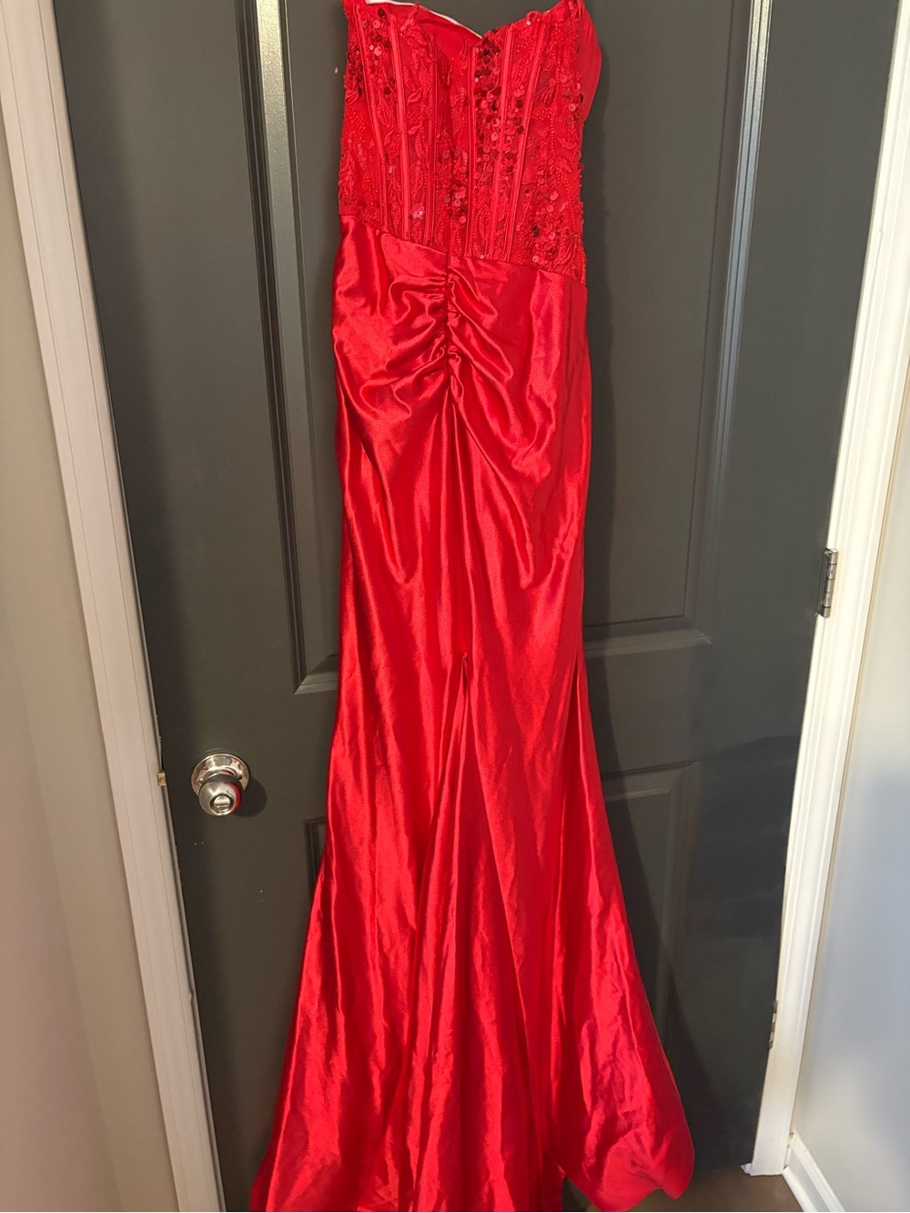 Red Strapless Beaded Evening Gown